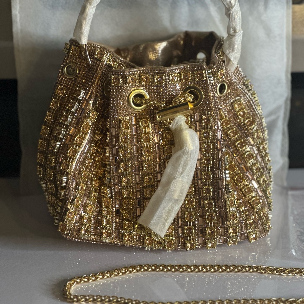 Sparkly Diamond Rhinestone Bucket Bag – Champagne Gold Evening Glam SBL Gold ❤️ - Picture 2 of 16